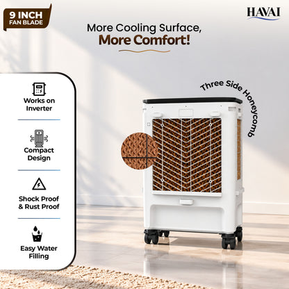 Havai Elite 9 Mini Personal Air Cooler, 15L Tank, 2600 RPM, 1800 CMH, 5-ft air throw, 3-side honeycomb pads, glass top, lockable wheels