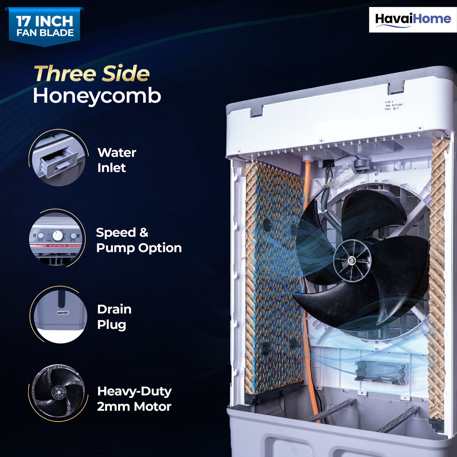 HAVAI Thunder 17+ Desert Cooler | 100L Tank | 17-Inch Fan Blade | 3-Side Honeycomb Pads | Heavy-Duty 110 Dia 32mm Motor | Auto Swing | 1-Year Motor Warranty &amp; Post-Warranty Service | White &amp; Brown