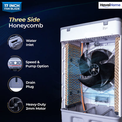 HAVAI Thunder 17+ Desert Cooler | 100L Tank | 17-Inch Fan Blade | 3-Side Honeycomb Pads | Heavy-Duty 110 Dia 32mm Motor | Auto Swing | 1-Year Motor Warranty &amp; Post-Warranty Service | White &amp; Brown