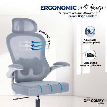 HAVAI LUMA GREY Ergonomic Mesh Office Chair | Mid Back | Breathable Net Fabric | Height Adjustable | Class 2 Gas Lift | Nylon Base | Smooth Wheels | WFH &amp; Office