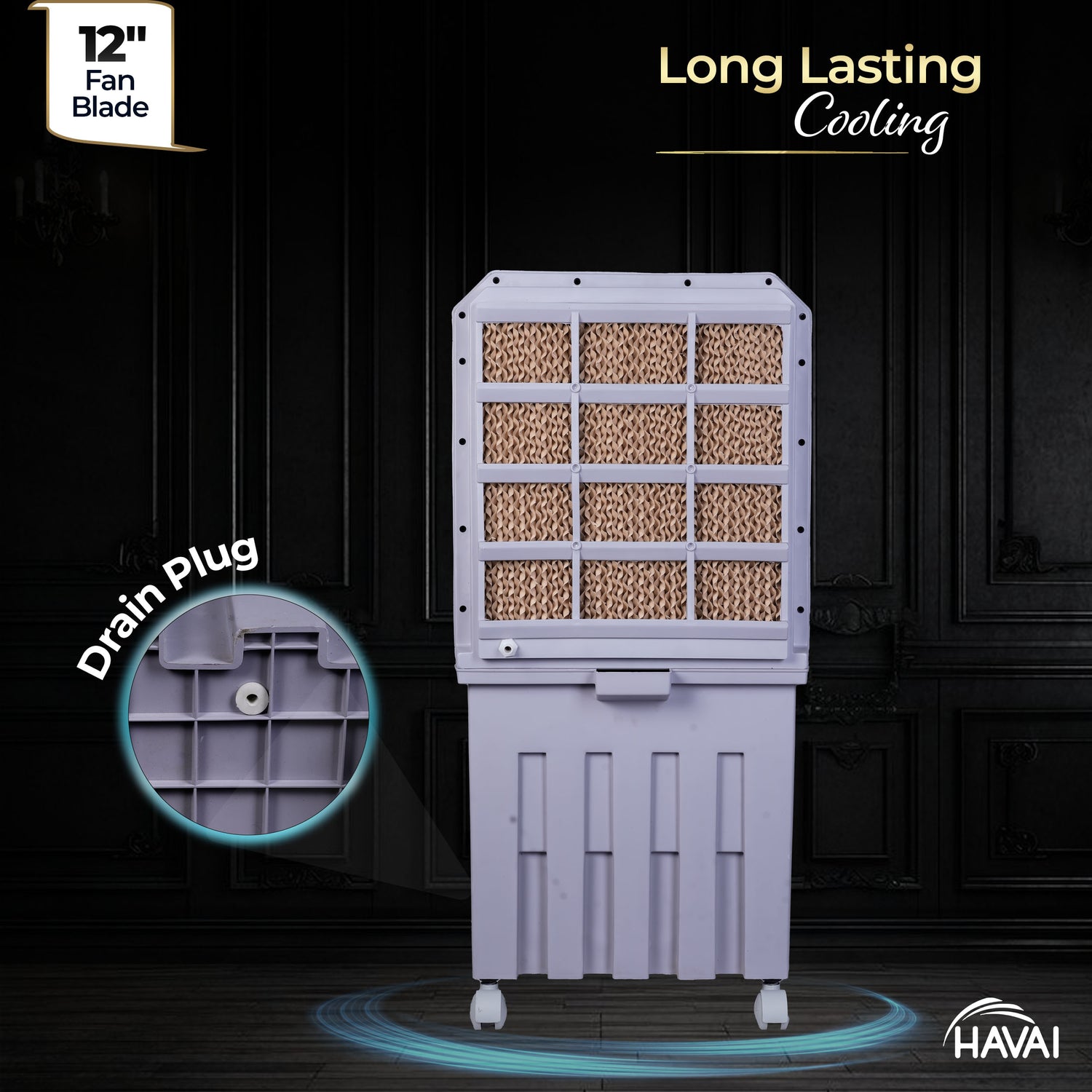 HAVAI Breeze-12 Personal Air Cooler | 50L Tank | 12″ Blade | Ideal for 100 sq ft Rooms | 98W Power | 8 ft Air Throw | 2600 RPM | Auto-Louver | 3-Speed | 1-Year On-Site Warranty (Grey)