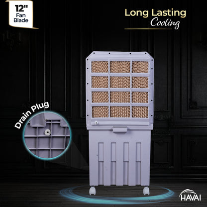 HAVAI Breeze-12 Personal Air Cooler | 50L Tank | 12″ Blade | Ideal for 100 sq ft Rooms | 98W Power | 8 ft Air Throw | 2600 RPM | Auto-Louver | 3-Speed | 1-Year On-Site Warranty (Grey)