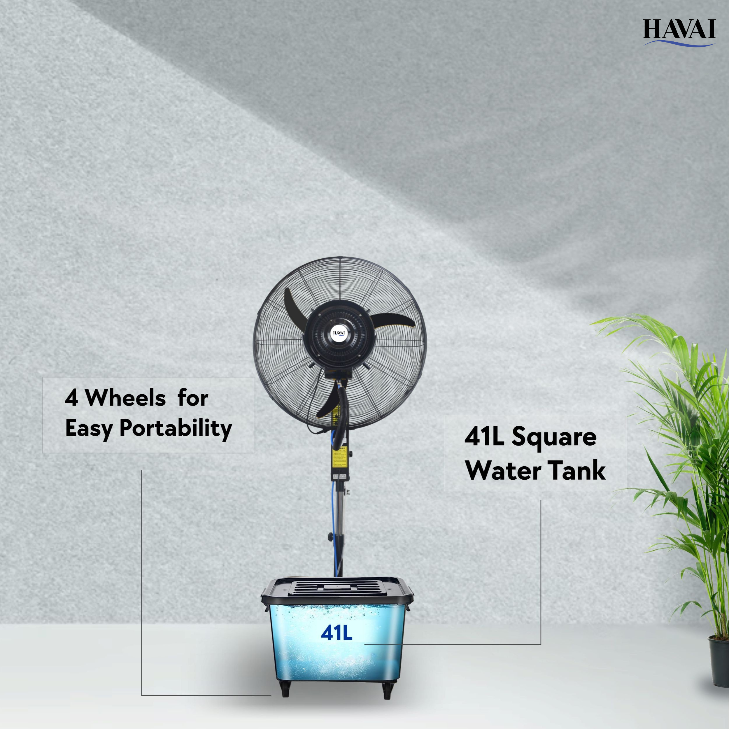 Havai 26″ Commercial Mist Fan with Adjustable Height Rod, 260W Copper Motor | 10m Spray | Manual Mist Control | Aluminium Blade | Finger-Proof Grill | 41L Tank | Fixed 6ft Height | 48-Hour Installation &amp; 1-Year Warranty