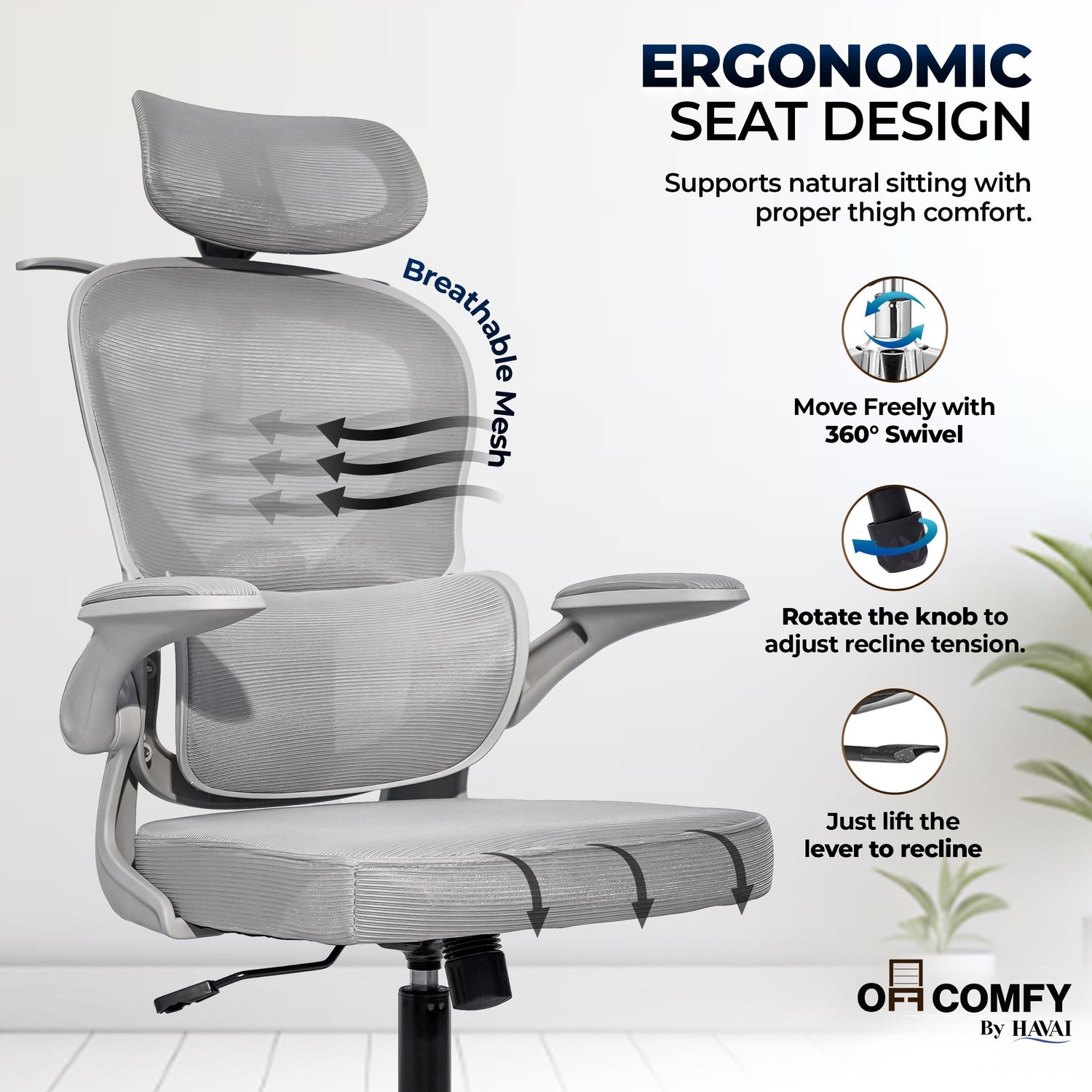 HAVAI Velmora Ergonomic Office Chair | High Back Mesh Chair with Reclining Mechanism, Adjustable Armrest, Headrest &amp; Lumbar Support | Nylon Base &amp; Wheels | Executive/WFH Chair (Grey)