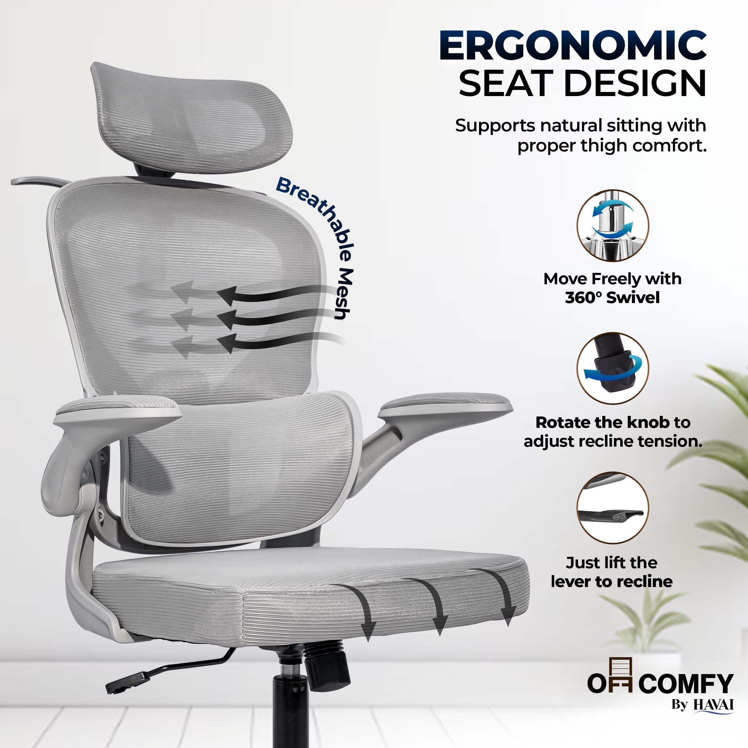 HAVAI Velmora Ergonomic Office Chair | High Back Mesh Chair with Reclining Mechanism, Adjustable Armrest, Headrest &amp; Lumbar Support | Nylon Base &amp; Wheels | Executive/WFH Chair (Grey)