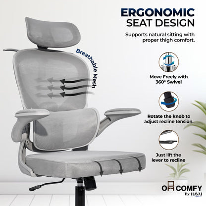 HAVAI Velmora Ergonomic Office Chair | High Back Mesh Chair with Reclining Mechanism, Adjustable Armrest, Headrest &amp; Lumbar Support | Nylon Base &amp; Wheels | Executive/WFH Chair (Grey)