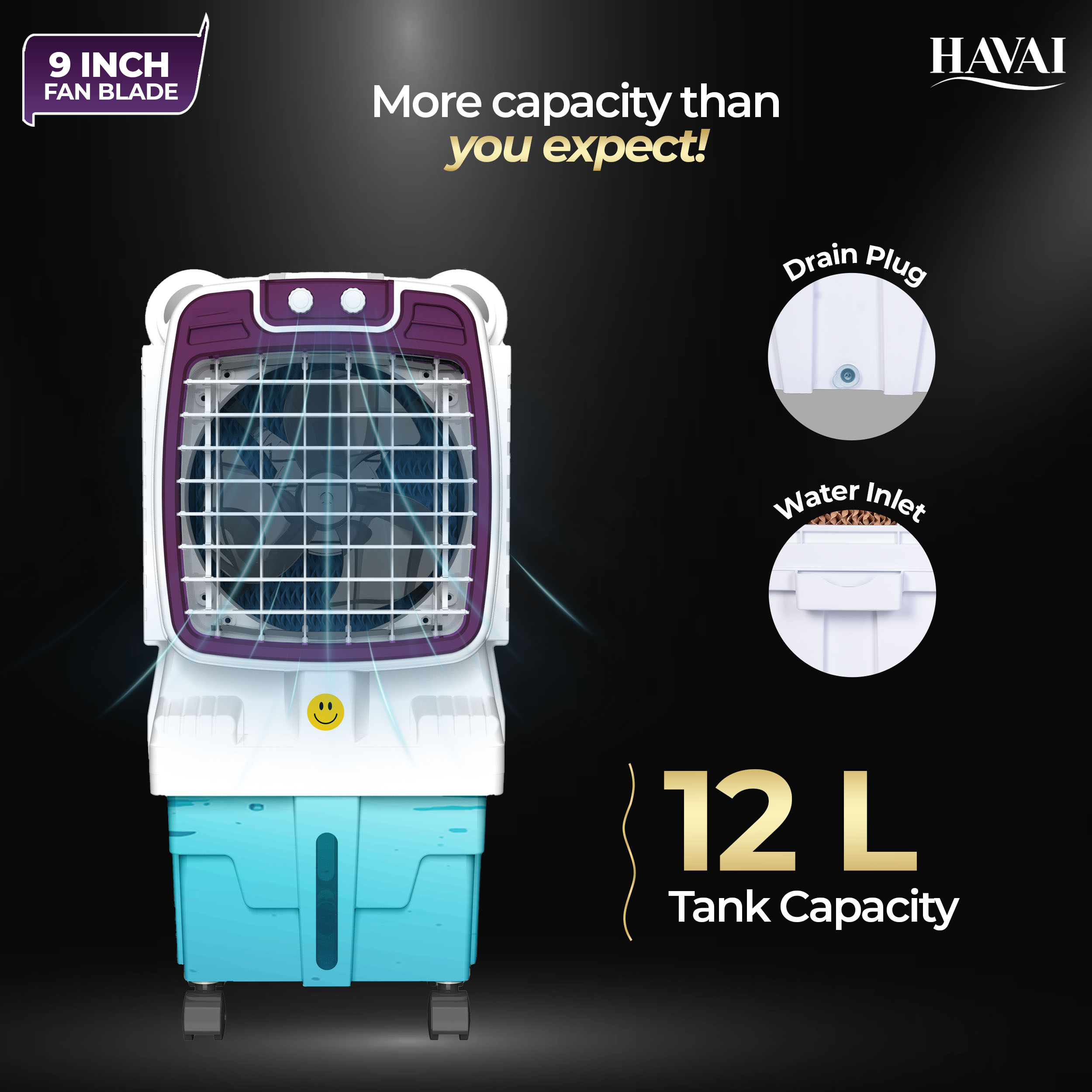 HAVAI Arizona 9 Mini Personal Air Cooler | India’s First 9-Inch Blade Cooler | 2600 RPM | 5 Ft Air Throw | 3-Side Honeycomb | 12L Tank | Motorised Louvers | 120W | Ideal for 50 Sq Ft