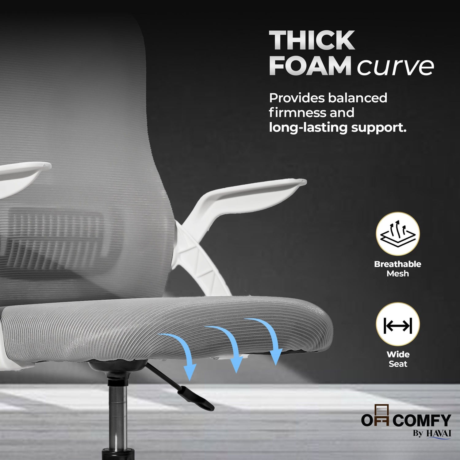 HAVAI Aero Grey Ergonomic Office Chair | Premium Net Cloth Fabric | Reclining &amp; Folding Back | 60D Recycled Foam + 24D Virgin Cotton | Nylon Armrests | Class 2 Gas Lift | 310 Nylon Base | 2-Inch Smooth Wheels | Grey