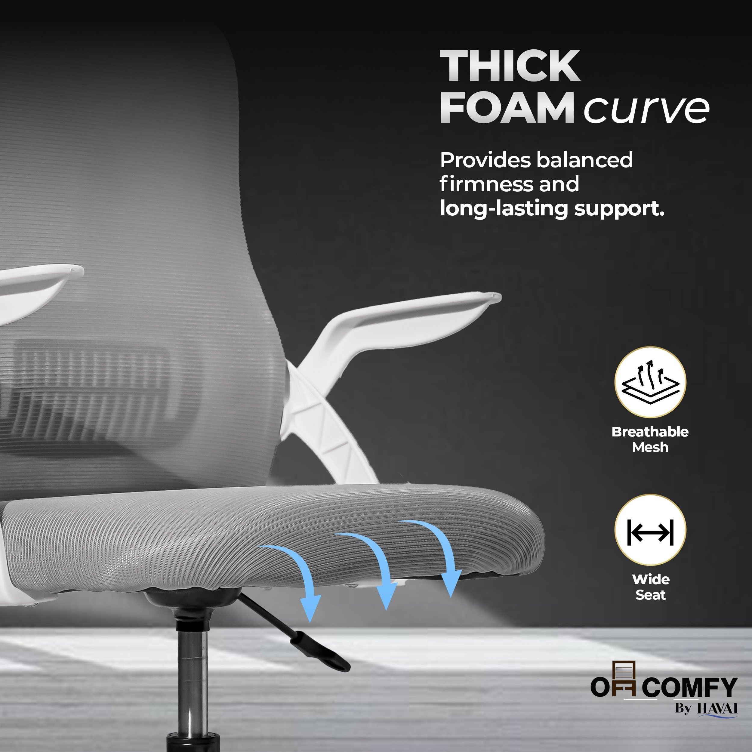 HAVAI Aero Grey Ergonomic Office Chair | Premium Net Cloth Fabric | Reclining &amp; Folding Back | 60D Recycled Foam + 24D Virgin Cotton | Nylon Armrests | Class 2 Gas Lift | 310 Nylon Base | 2-Inch Smooth Wheels | Grey