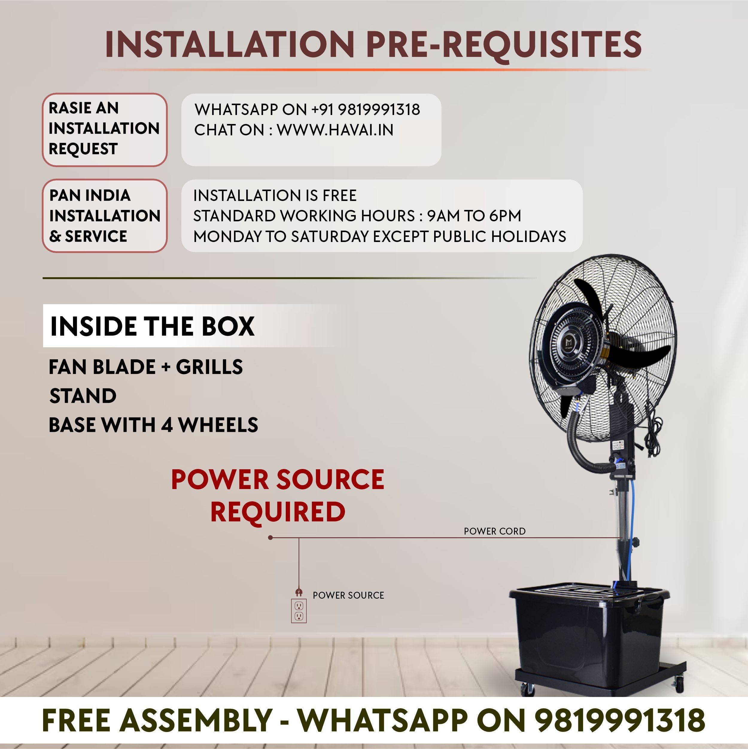 HAVAI Mist Fan 26 inch with Adjustable Rod, 41 Litre Tank, Assembly Included