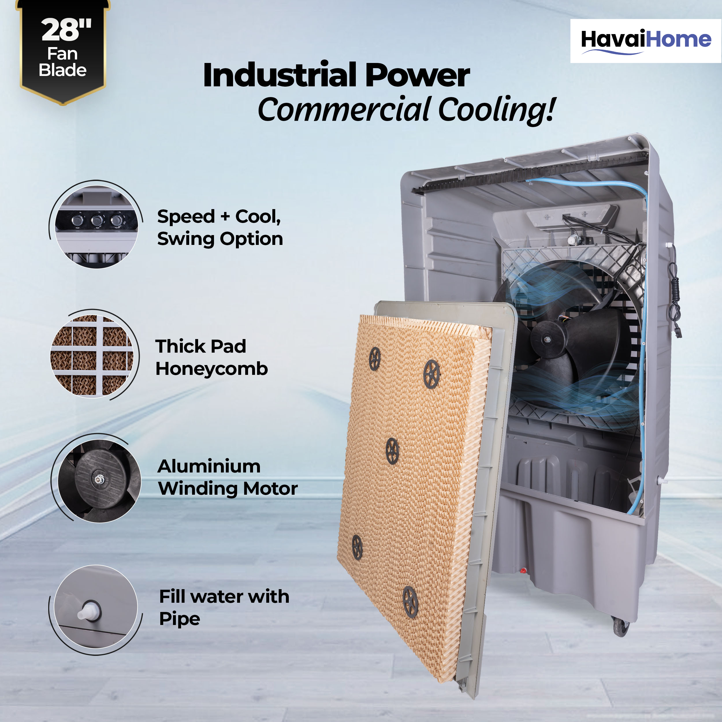 HAVAI Arizona 28 Industrial &amp; Commercial Air Cooler | 28-Inch Engineered 3-Leaf Blade | 10,000 m³/hr Air Delivery | 150L Tank | 500W Motor | 40 Ft Air Throw | Covers 700 Sq. Ft. | Finger Pull Drain Plug | 1-Year Warranty