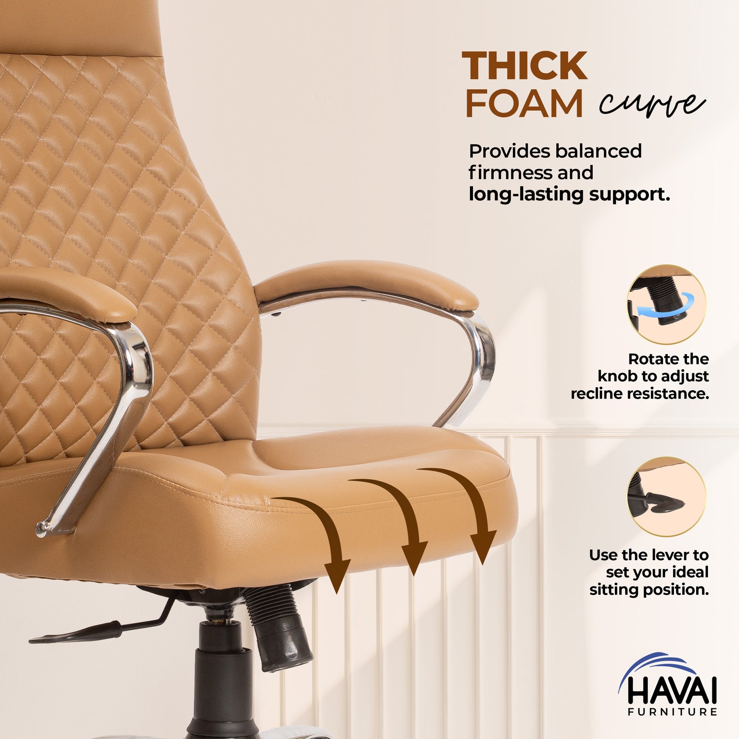 HAVAI Prime High Back Office Chair | Ergonomic Executive Chair |  Premium Leather | Single Lock Tilt Mechanism |  Mild Steel Chrome Base &amp; Arms | Class 4 Gaslift |  50mm Casters | High-Density Back &amp; Seat Cushion (Camel)