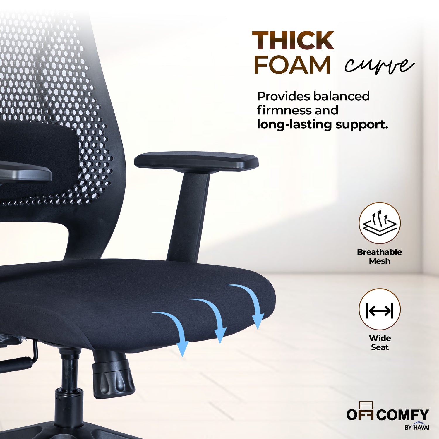 HAVAI Off-Comfy Hive Black Ergonomic Office Chair | 1D Adjustable Lumbar | Fixed Arms with PP Pad | Synchro Tilt &amp; Lock |Class 4 Gaslift | Nylon Base | 60mm Castors