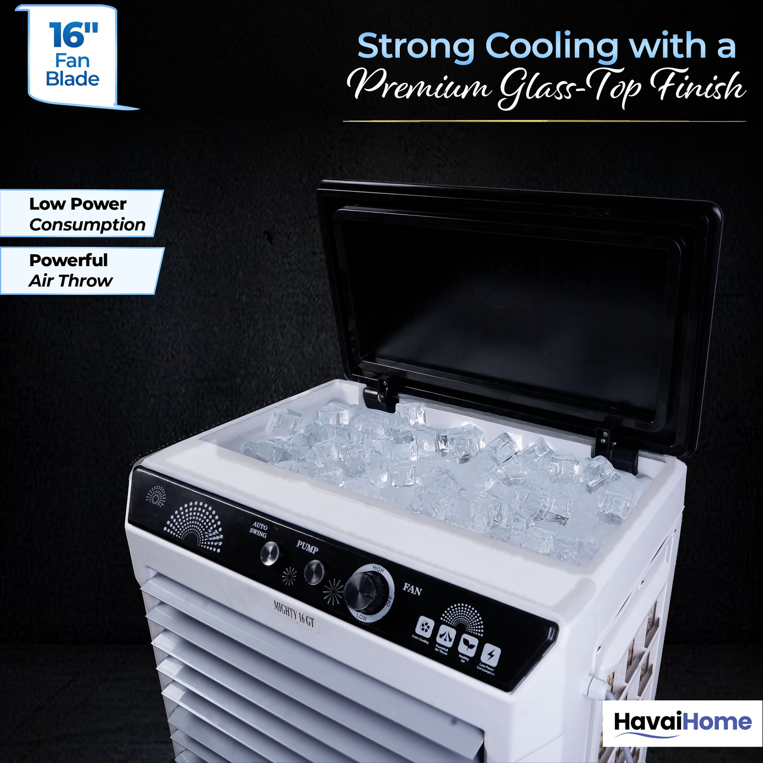 HAVAI Mighty 16 GT Glass Top Desert Air Cooler for Home &amp; Commercial Use | 16 Inch Fan, 100L Tank, 5190 m³/hr Air Delivery | 350 Sq Ft Coverage | Honeycomb Pads, Aluminium Motor, Low Noise | White &amp; Grey