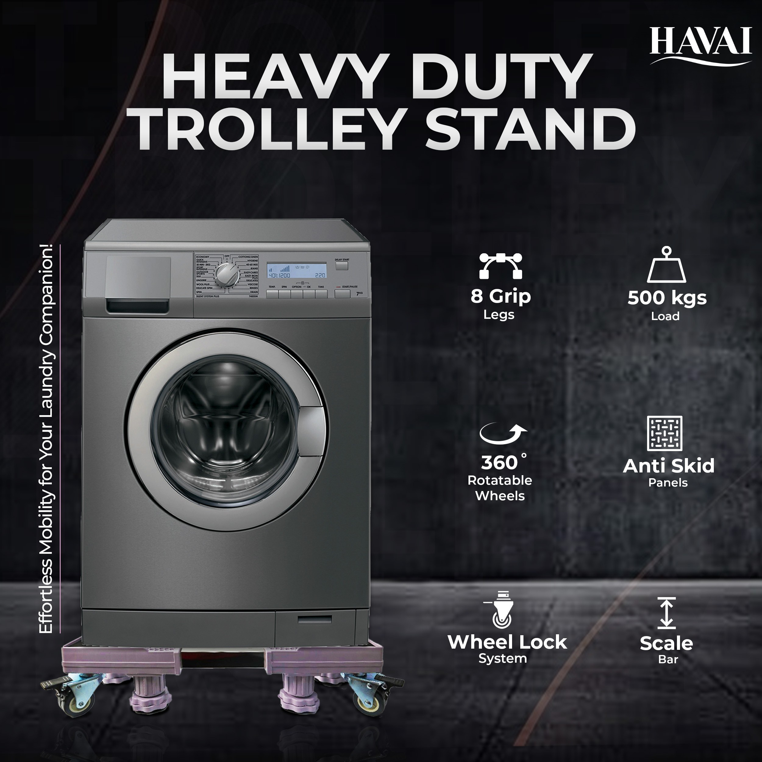 HAVAI Premium Trolley Stand with 4 Wheels 8 Grips For Heavy Duty Adjustable Top Load Washing Machine/Refrigerator/Fridge/Dishwasher/Air Cooler: Colour - Bluish Grey (500 Kg)