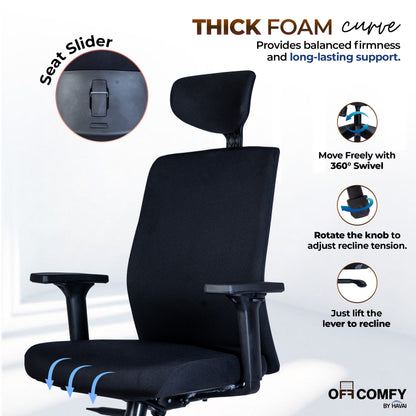 Off-Comfy by HAVAI Swift High Back Ergonomic Office Chair | Fixed Headrest | 3D Adjustable Armrest | Lumbar Support | Synchronized Recline | Chrome Base | Work from Home &amp; Office Chair