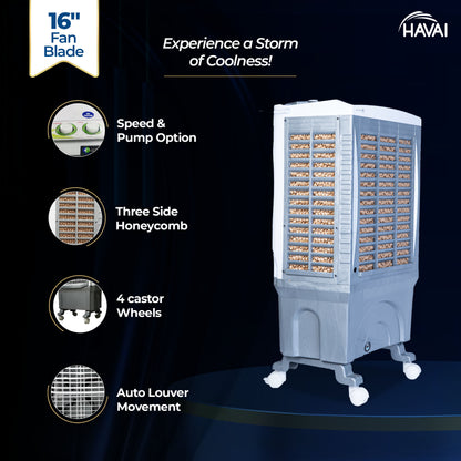 HAVAI Breeze 60L Desert Air Cooler | 16&quot; Fan Blade | 60L Tank Capacity | 500 Sq. Ft. Coverage | Auto Swing | Back Honeycomb Pads | White &amp; Grey
