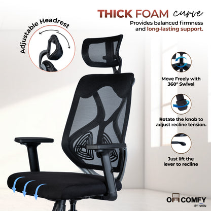 Off Comfy by HAVAI - Titan Lite Black Chair |  Korean Mesh | 2D Arms | Lumbar |  Seat Slider | Gaslift | Chrome Base | 60mm Castors