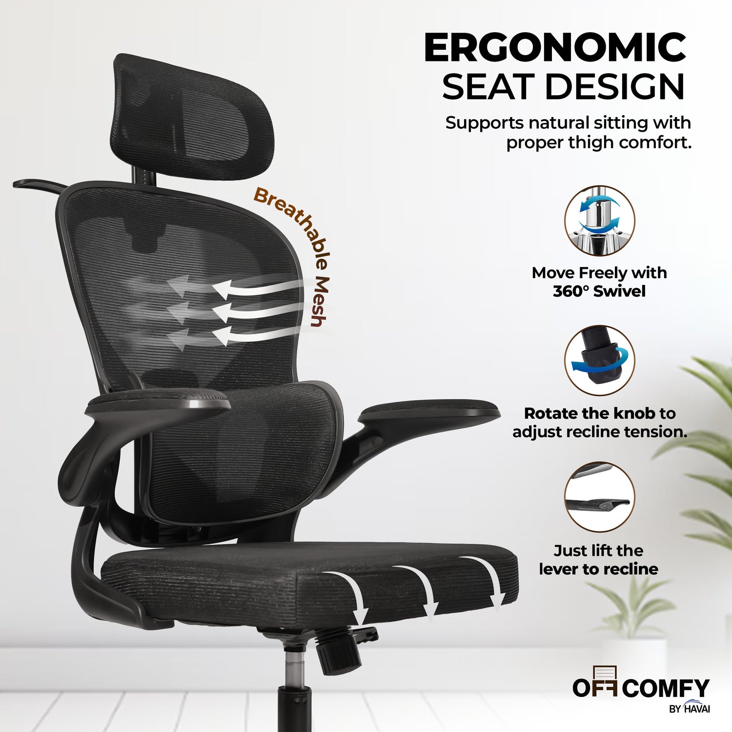 HAVAI Velmora Ergonomic Office Chair | High Back Mesh Chair with Reclining Mechanism, Adjustable Armrest, Headrest &amp; Lumbar Support | Nylon Base &amp; Wheels | Executive/WFH Chair (Black)