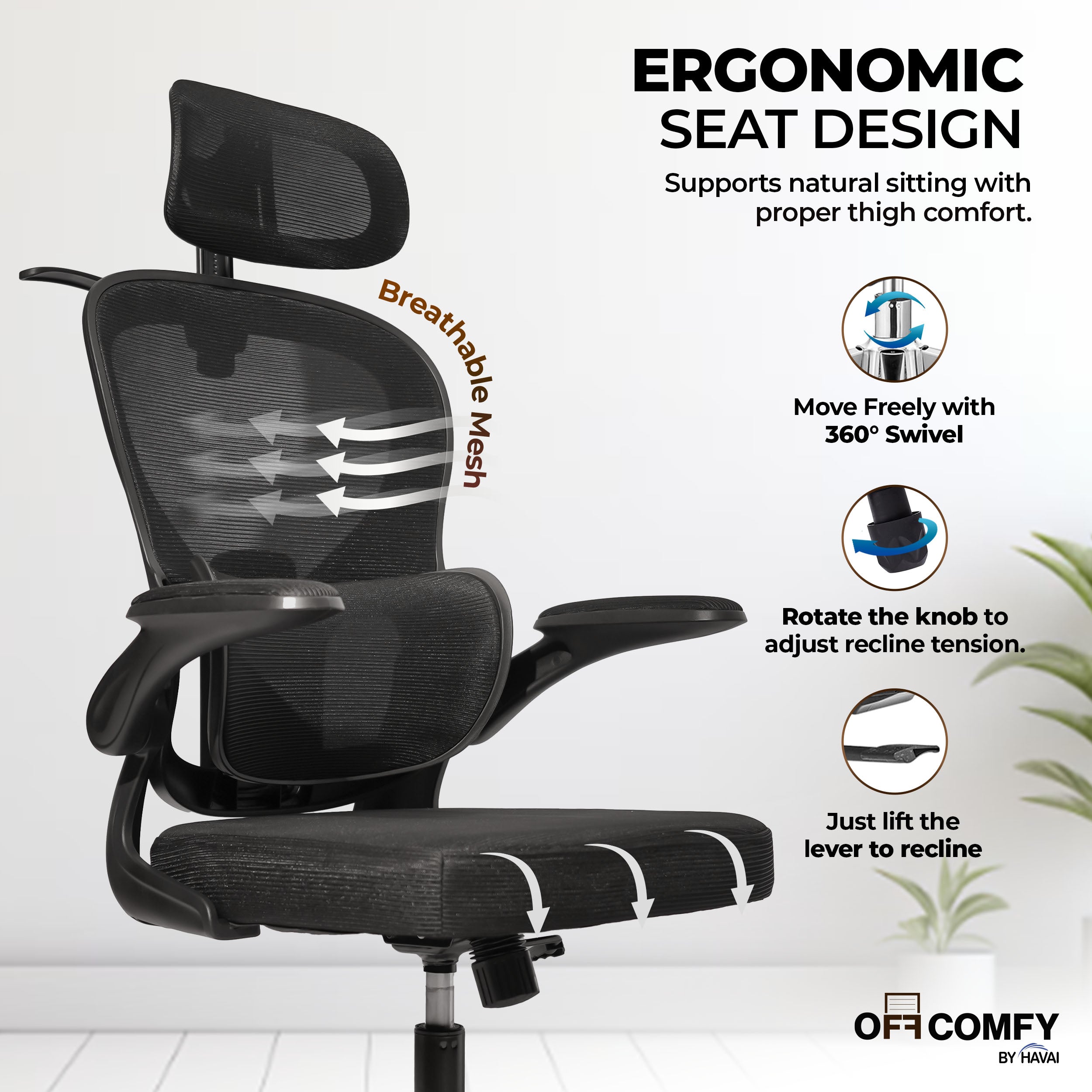 HAVAI Velmora Ergonomic Office Chair | High Back Mesh Chair with Reclining Mechanism, Adjustable Armrest, Headrest &amp; Lumbar Support | Nylon Base &amp; Wheels | Executive/WFH Chair (Black)