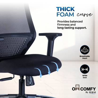 HAVAI Off-Comfy Luna Black Ergonomic Office Chair | Yuva Mesh Back | 2D Arms with TPU Pad | Synchro Tilt with Lock | Class 4 Samhongsa Gaslift | Claw Chrome Base | 60mm Castors(Black)