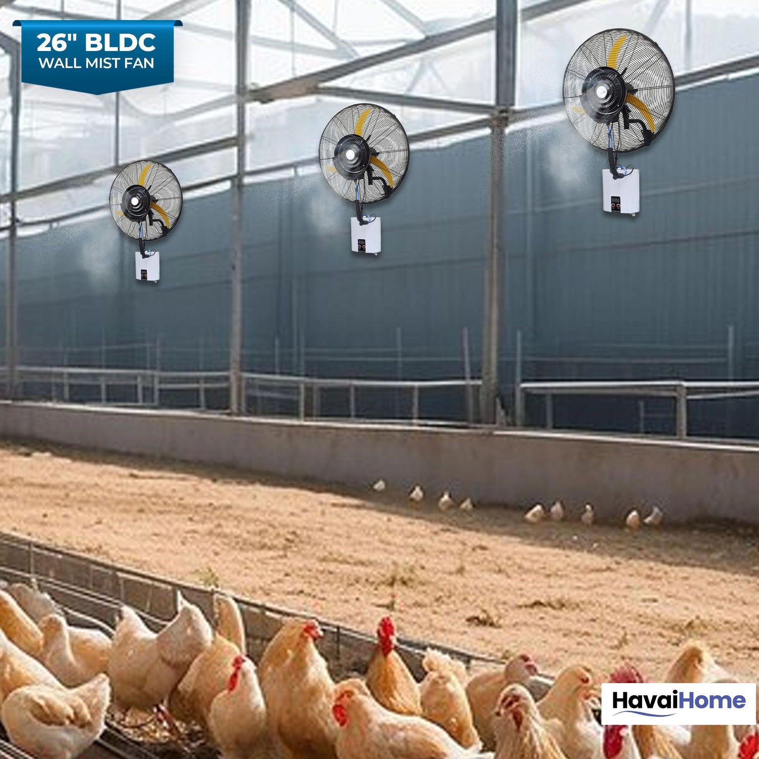 26" BLDC Wall-Mount Mist Fan – 450 Sq. Ft. Coverage, 12L Tank, 1300-9000 M³/Hr Airflow, 4-Speed Control, Yellow &amp; Black, 2-Year Warranty