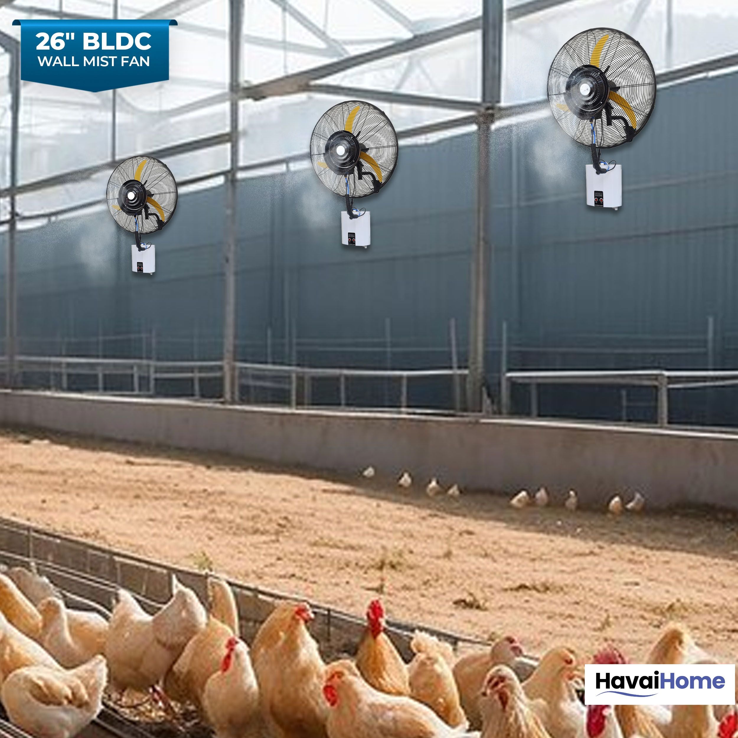 26" BLDC Wall-Mount Mist Fan – 450 Sq. Ft. Coverage, 12L Tank, 1300-9000 M³/Hr Airflow, 4-Speed Control, Yellow &amp; Black, 2-Year Warranty