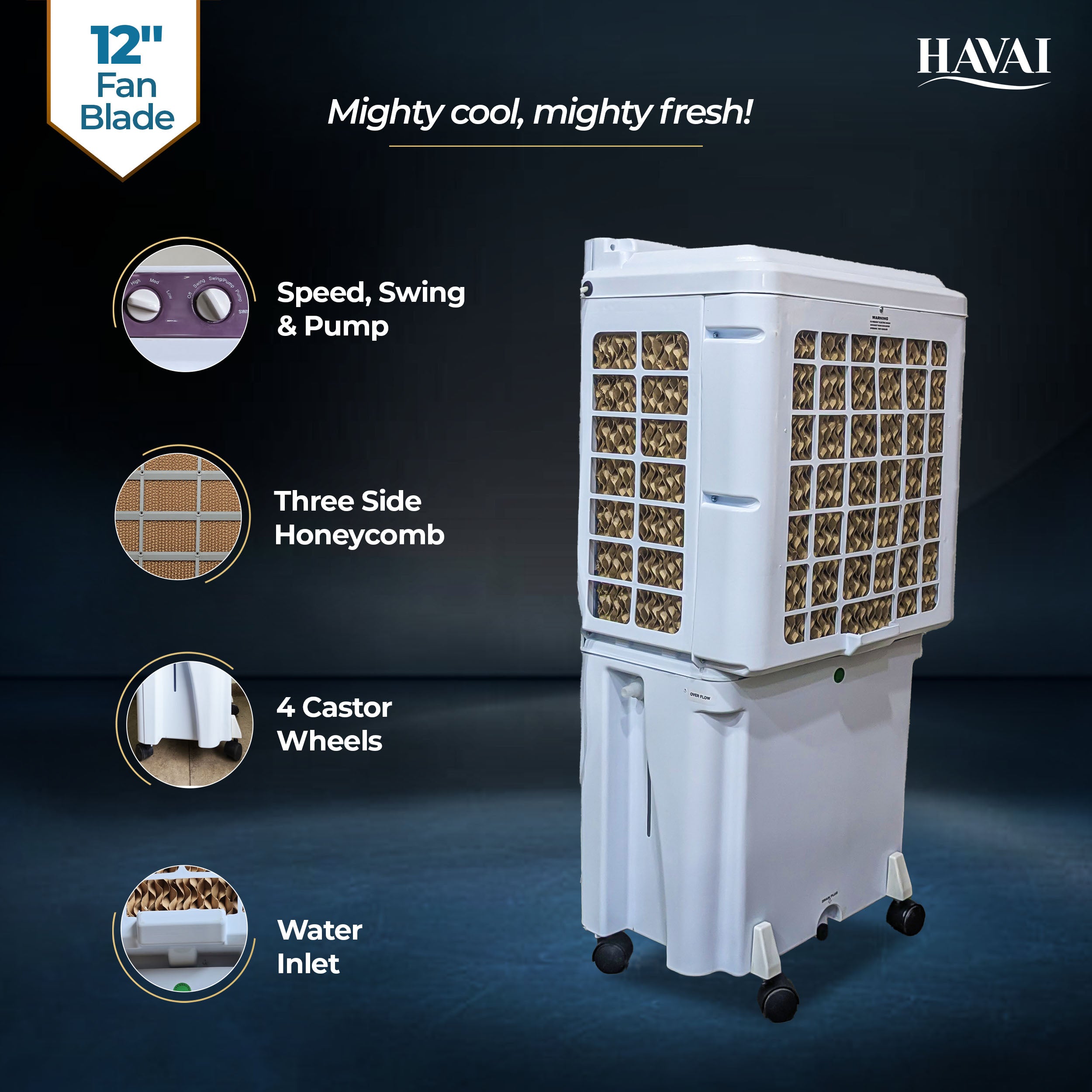 HAVAI Mighty 12+ | 12-Inch Personal Air Cooler | 36L Tank | 3-Side Honeycomb | Auto Swing | 3-Speed | 2400 RPM Motor | Vibrant Color | 200 Sq. Ft. Coverage