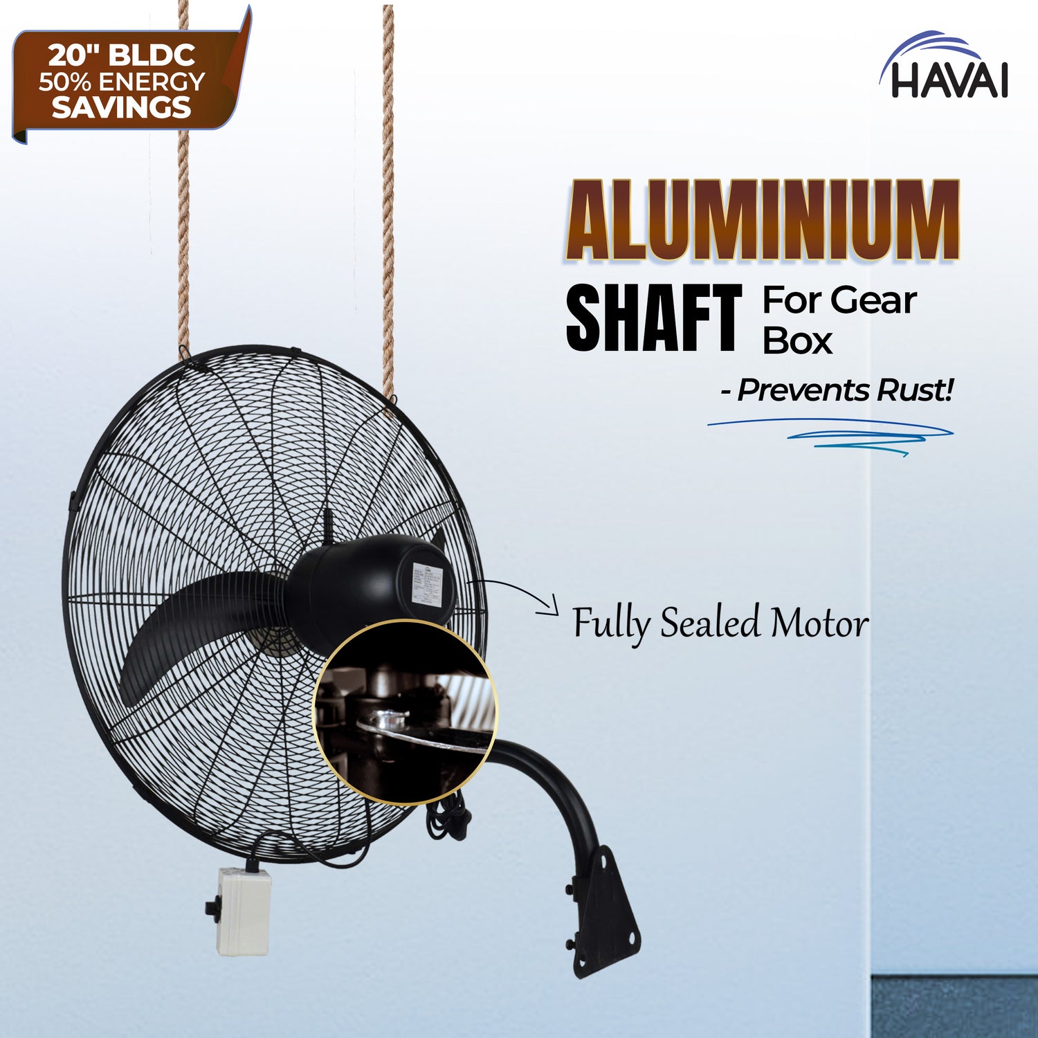 Havai BLDC Wall Mount Fan 20 Inch, 50% Savings On Electricity, High Velocity, Heavy Duty Metal For Industrial, Commercial And Residential Use, Assembly Included , Black