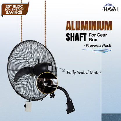 Havai BLDC Wall Mount Fan 20 Inch, 50% Savings On Electricity, High Velocity, Heavy Duty Metal For Industrial, Commercial And Residential Use, Assembly Included , Black