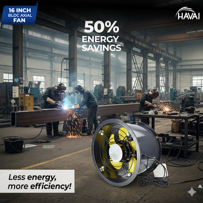 HAVAI 16-Inch Commercial BLDC Axial Fan | Stepless Speed Control | Low Noise | Aluminium Blade | 2000–6000 m³/h Air Volume | 40–80% Energy Saving | No Winding Burnouts | 2-Year BLDC Motor Warranty
