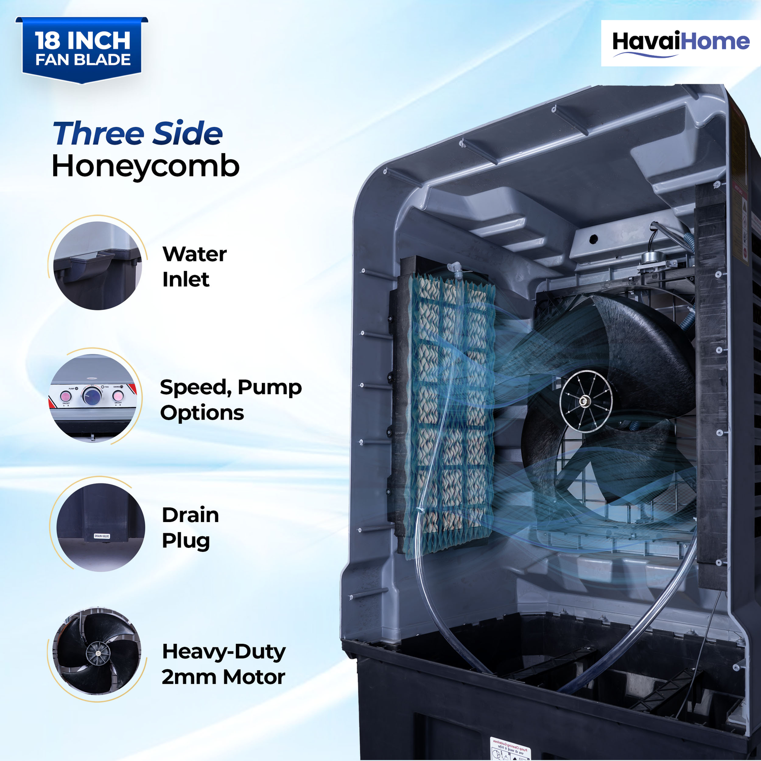 HAVAI Jumbo 18+ Massey Desert Cooler | 150L | 18-Inch Fan | Heavy-Duty 41mm Motor | 3-Side Honeycomb Pads | Auto Swing | Castor Wheels | 230V, 280W | White &amp; Grey