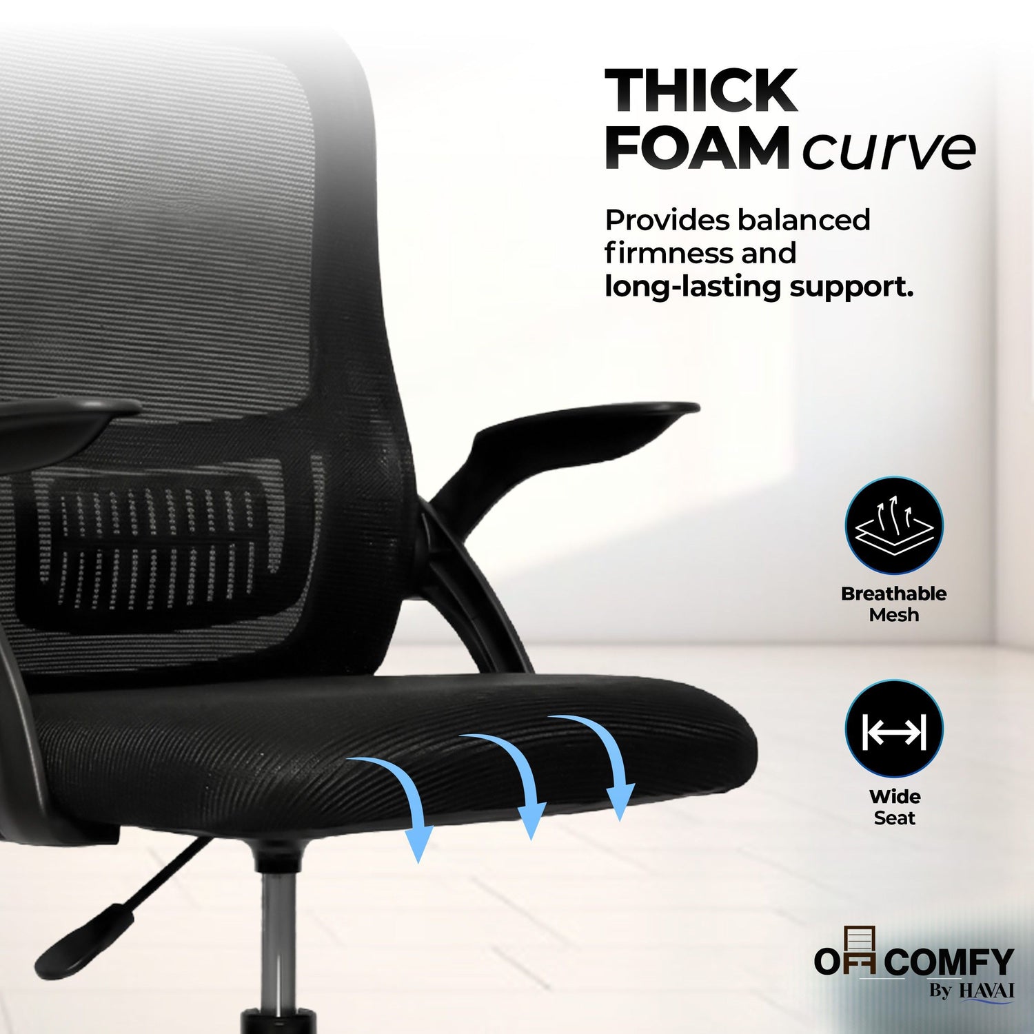 HAVAI Aero Black Ergonomic Office Chair | Premium Net Cloth Fabric | Reclining &amp; Folding Back | 60D Recycled Foam + 24D Virgin Cotton | Nylon Armrests | Class 2 Gas Lift | 310 Nylon Base | 2-Inch Smooth Wheels