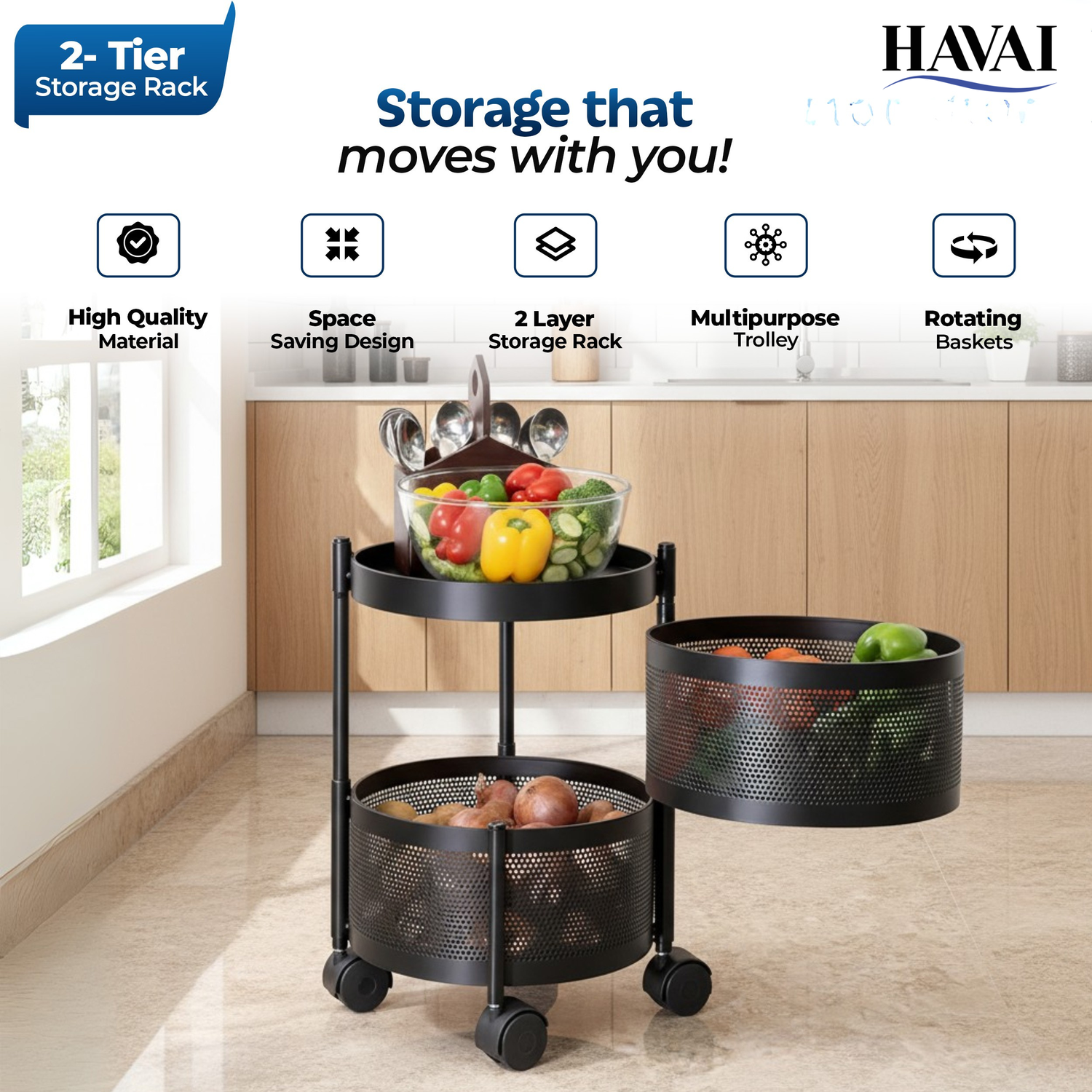 Havai 2 Tier Round Rolling Kitchen Storage Rack | Sturdy Metal Frame| Space-Saving Utility Shelf – Black