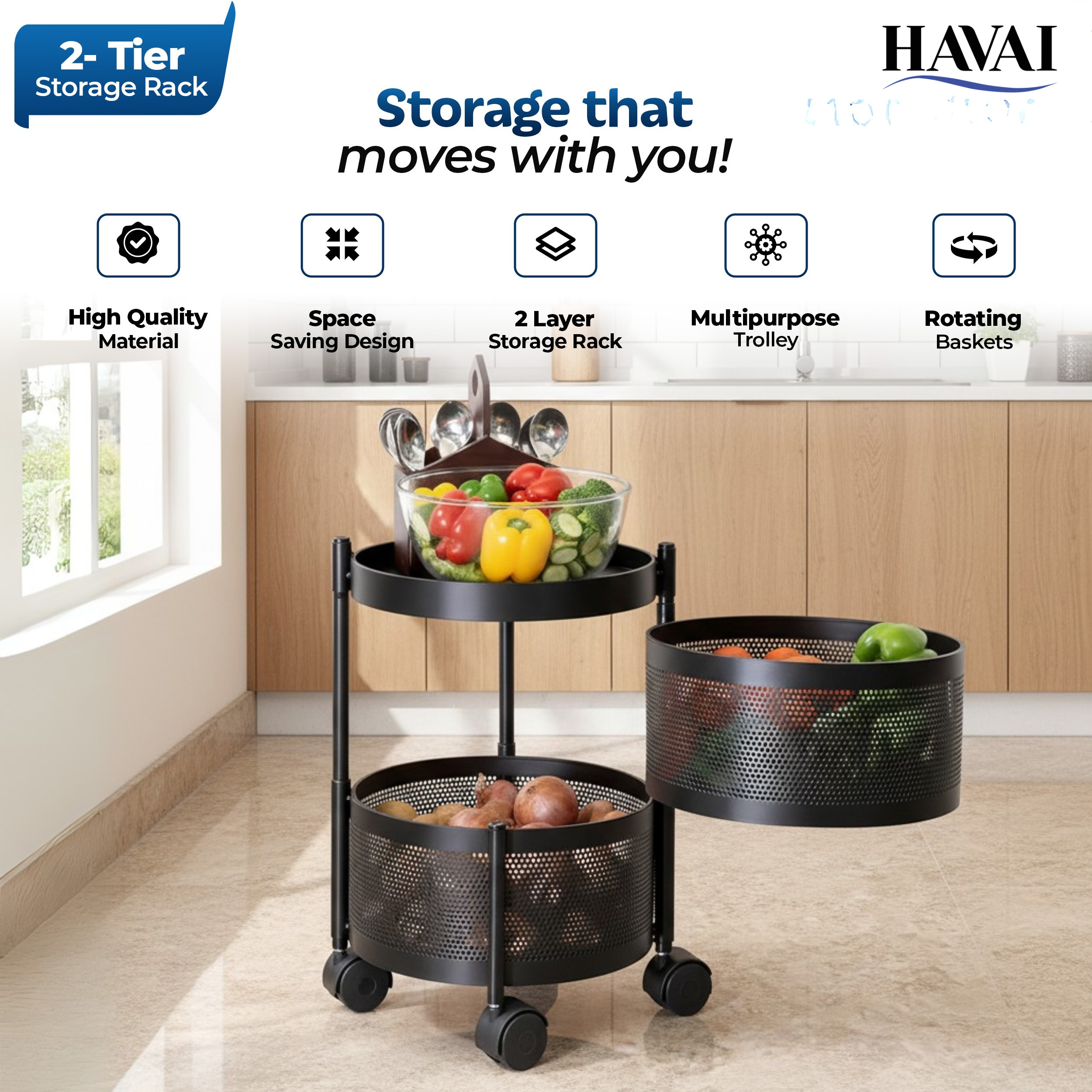 Havai 2 Tier Round Rolling Kitchen Storage Rack | Sturdy Metal Frame| Space-Saving Utility Shelf – Black