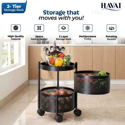 Havai 2 Tier Round Rolling Kitchen Storage Rack | Sturdy Metal Frame| Space-Saving Utility Shelf – Black