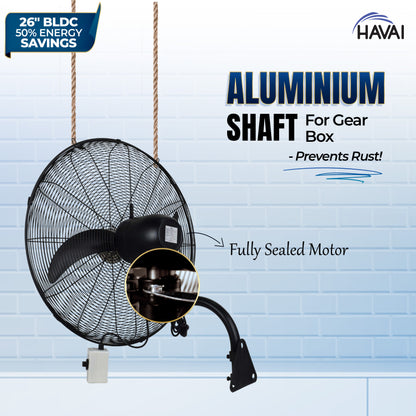 HAVAI BLDC Wall Mount Fan 26 inch, 50% Savings on Electricity, High Velocity, Heavy Duty Metal for Industrial, Commercial and Residential Use, Assembly Included