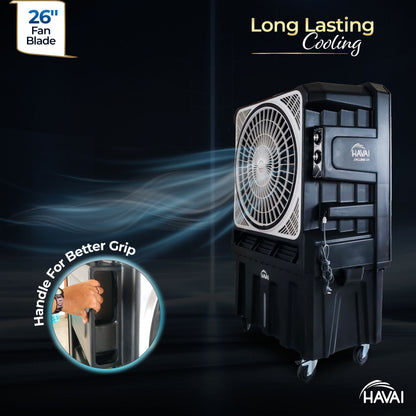 HAVAI Cyclone 26 Desert Air Cooler | 26&quot; Fan Blade | 200L Tank Capacity | 440W High-Performance Cooling | 750 Sq. Ft. Coverage | Auto Swing | Three Side Honeycomb Pads | Lockable Wheels | Black