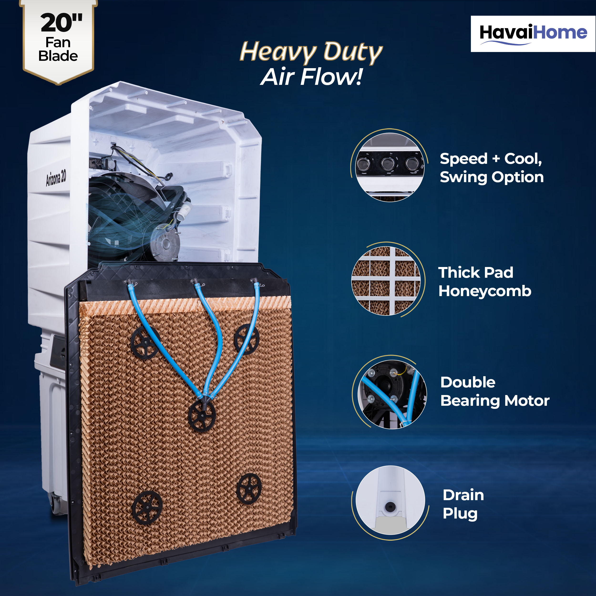 HAVAI Arizona 20 Desert Air Cooler | 120L Water Tank | 20-Inch Metal Blade | 4800 m³/hr Air Delivery | 35 Ft Air Throw | Double Bearing Low Noise Motor | Thick Honeycomb Pads | Covers up to 500 Sq Ft | 1 Year On-Site Warranty