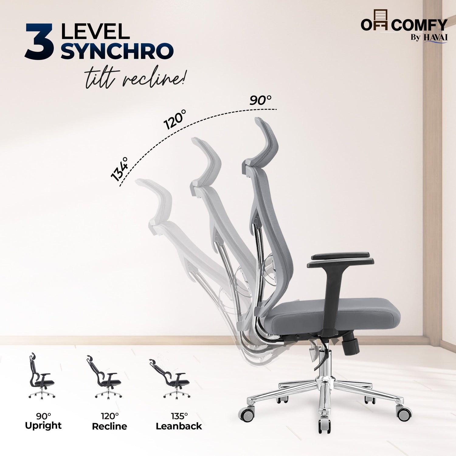 HAVAI Pulse High Back Ergonomic Mesh Office Chair |  Multi-Lock Tilt Mechanism | Chrome Base| Breathable Mesh Back | Fixed Headrest (Grey)