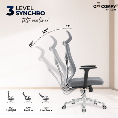 HAVAI Pulse High Back Ergonomic Mesh Office Chair |  Multi-Lock Tilt Mechanism | Chrome Base| Breathable Mesh Back | Fixed Headrest (Grey)