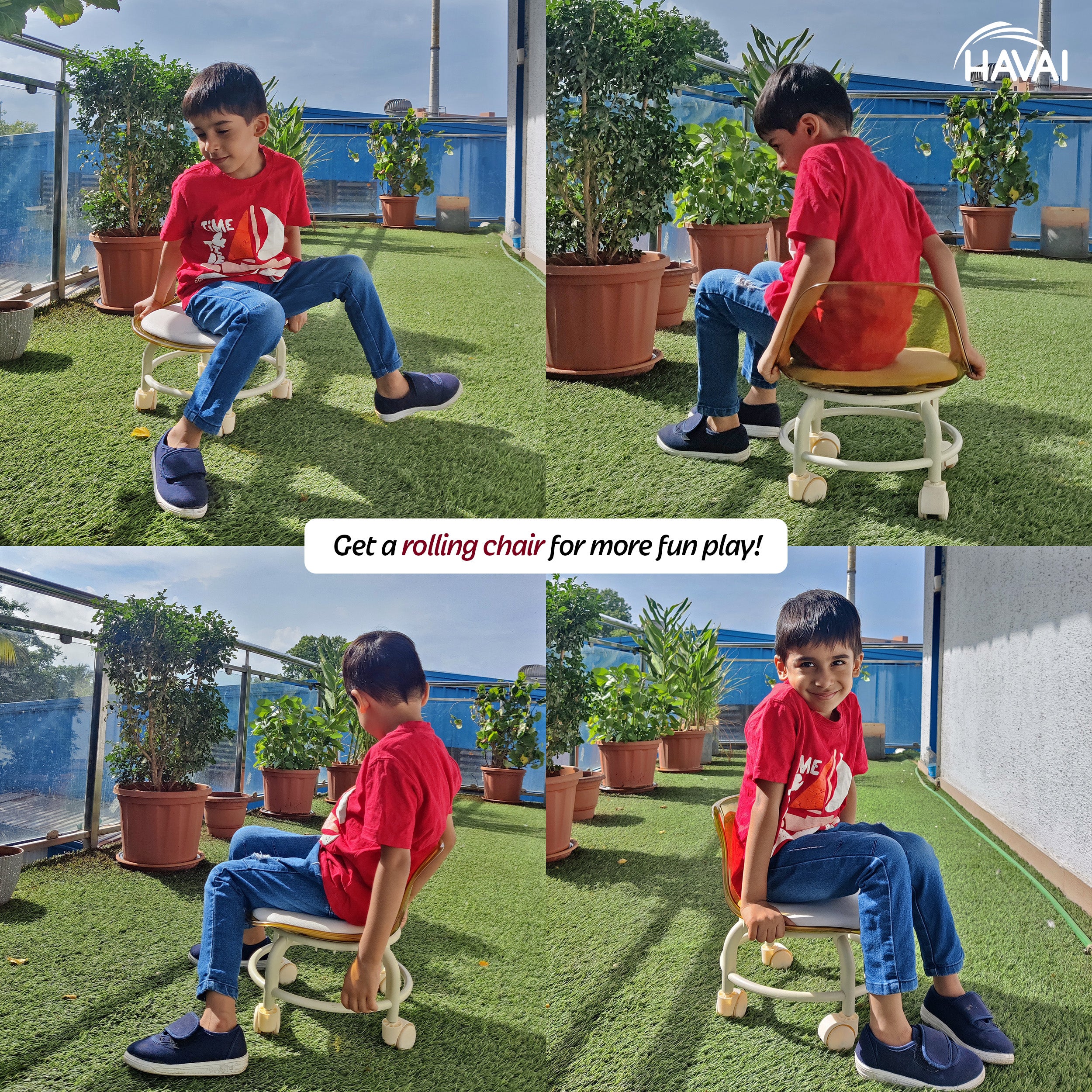 HAVAI Rolling Chair – 360° Rotatable Wheels, Backrest, Wide Seating Surface, Playful Chair for Active People