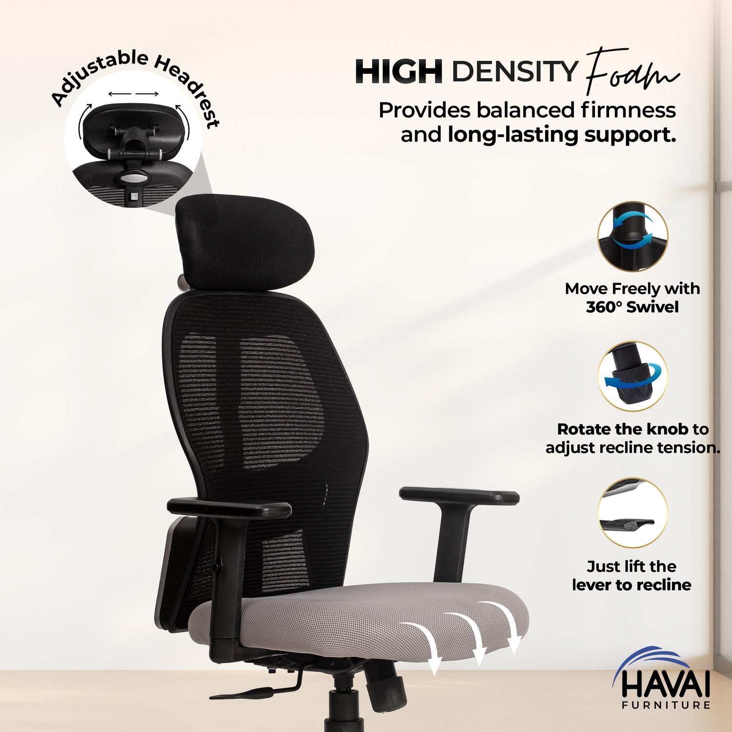 HAVAI Tauras Lean Back High Back Mesh Ergonomic Office Chair | Single Lock Synchro Tilt | Nylon Base | Class 4 Gaslift | 1D Adjustable Armrests | 50mm Casters | Premium Mesh Back &amp; Fabric Seat