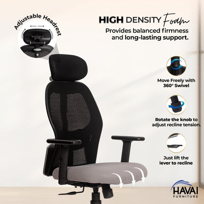 HAVAI Tauras Lean Back High Back Mesh Ergonomic Office Chair | Single Lock Synchro Tilt | Nylon Base | Class 4 Gaslift | 1D Adjustable Armrests | 50mm Casters | Premium Mesh Back &amp; Fabric Seat