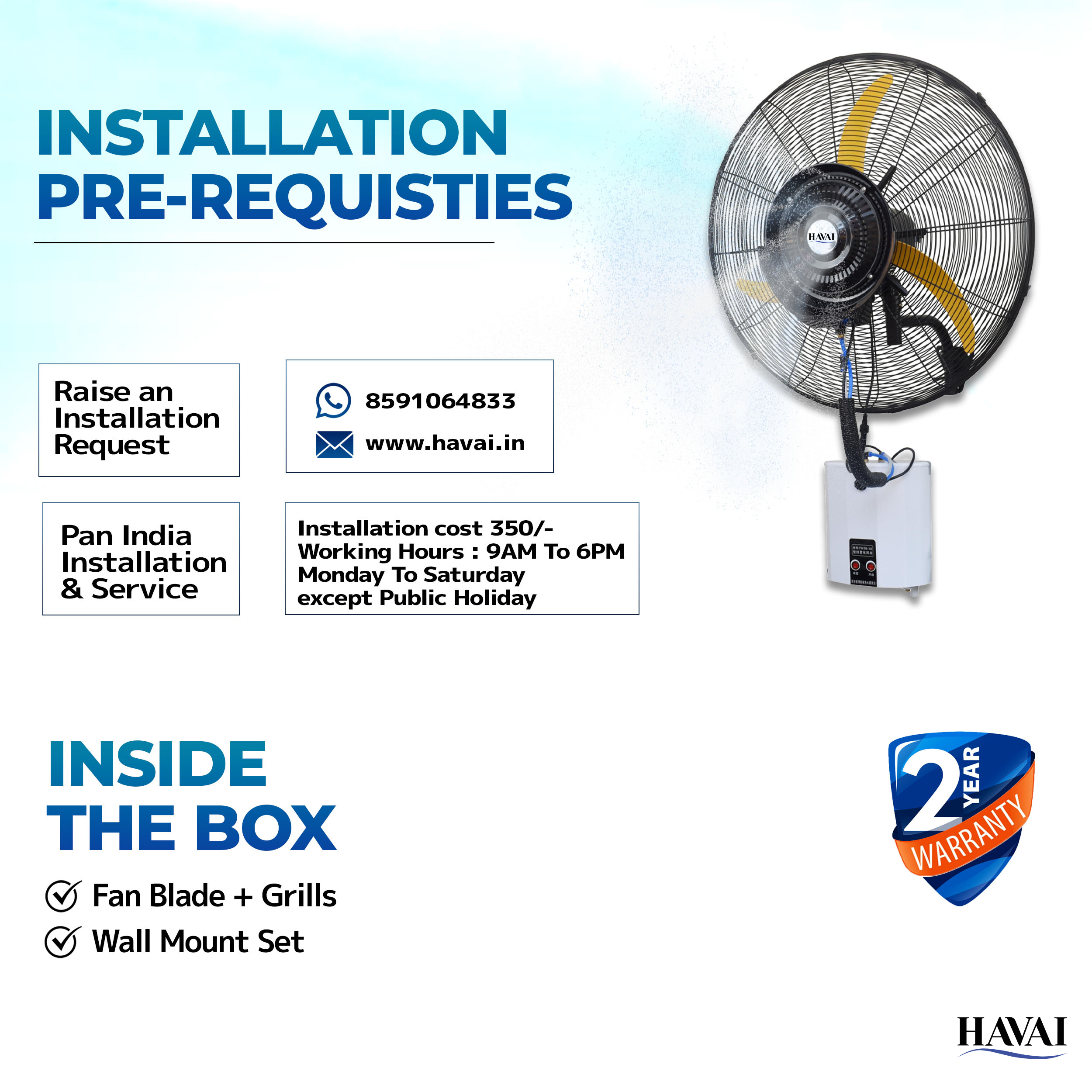 Havai 26" BLDC Wall-Mount Mist Fan – 450 Sq. Ft. Coverage, 12L Tank, 1300-9000 M³/Hr Airflow, 4-Speed Control, Yellow &amp; Black, 2-Year Warranty