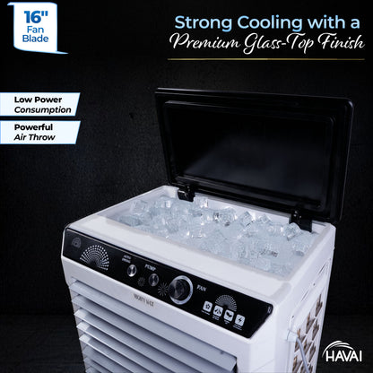 HAVAI Mighty 16 GT Glass Top Desert Air Cooler for Home &amp; Commercial Use | 16 Inch Fan, 100L Tank, 5190 m³/hr Air Delivery | 350 Sq Ft Coverage | Honeycomb Pads, Aluminium Motor, Low Noise | White &amp; Grey