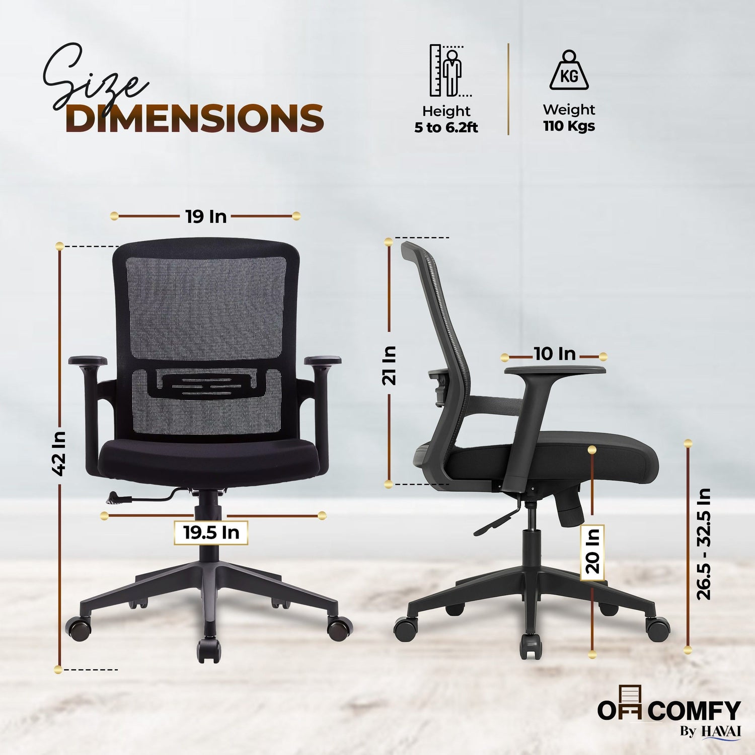 HAVAI Ergolite Mid Back Ergonomic Mesh Office Chair |  One Lock Tilt Mechanism | Fixed Armrests | Nylon Base |  Breathable Mesh Back (Black)