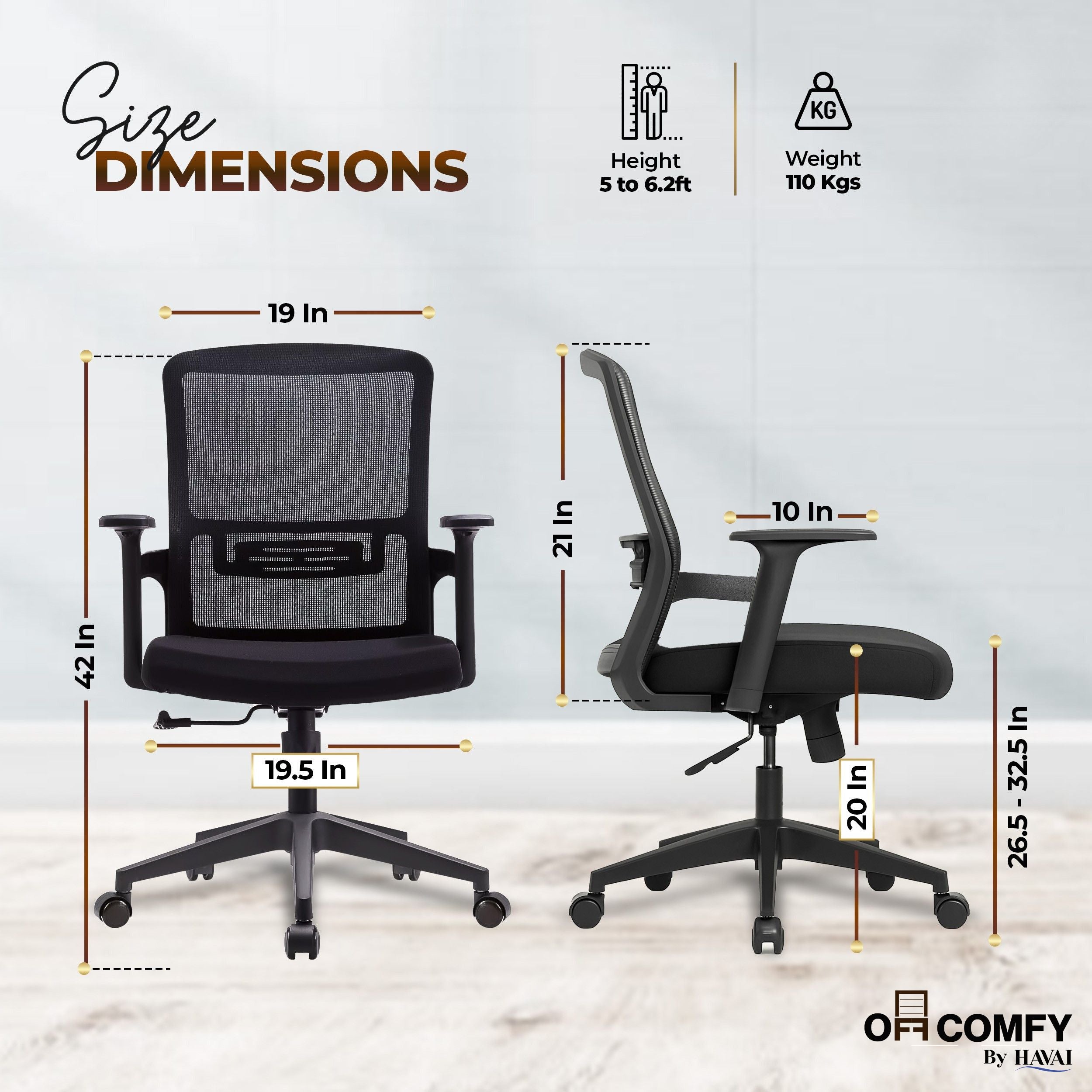 HAVAI Ergolite Mid Back Ergonomic Mesh Office Chair |  One Lock Tilt Mechanism | Fixed Armrests | Nylon Base |  Breathable Mesh Back (Black)
