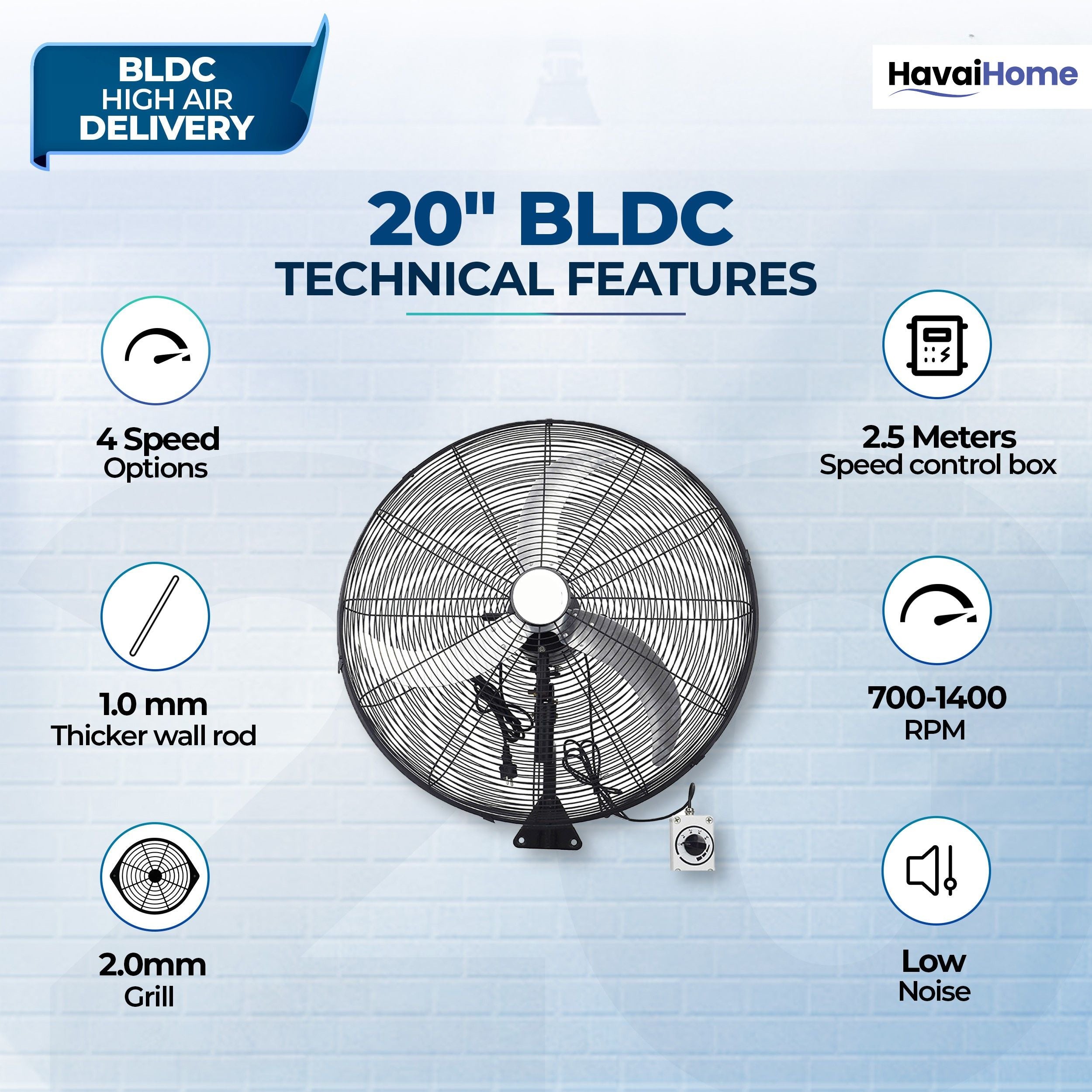 20" BLDC High-Speed Wall-Mount Fan – 3-Blade Design, Energy Efficient (20W-120W), 700-1400 RPM, 11,000 M³/Hr Airflow, 45-Foot Air Throw, 4-Speed Control, 2-Year Warranty