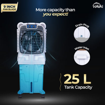 HAVAI Arizona 9 Personal Air Cooler | 9-Inch Blade | 25L Tank | 3-Side Honeycomb Pads | Motorised Louvers | White